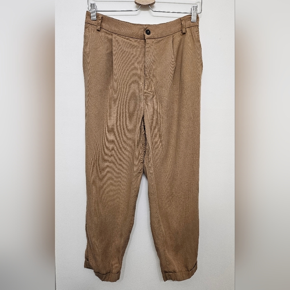 Zara Womens Tapered Pleated Ankle Pants Medium Beige Elastic High Waist